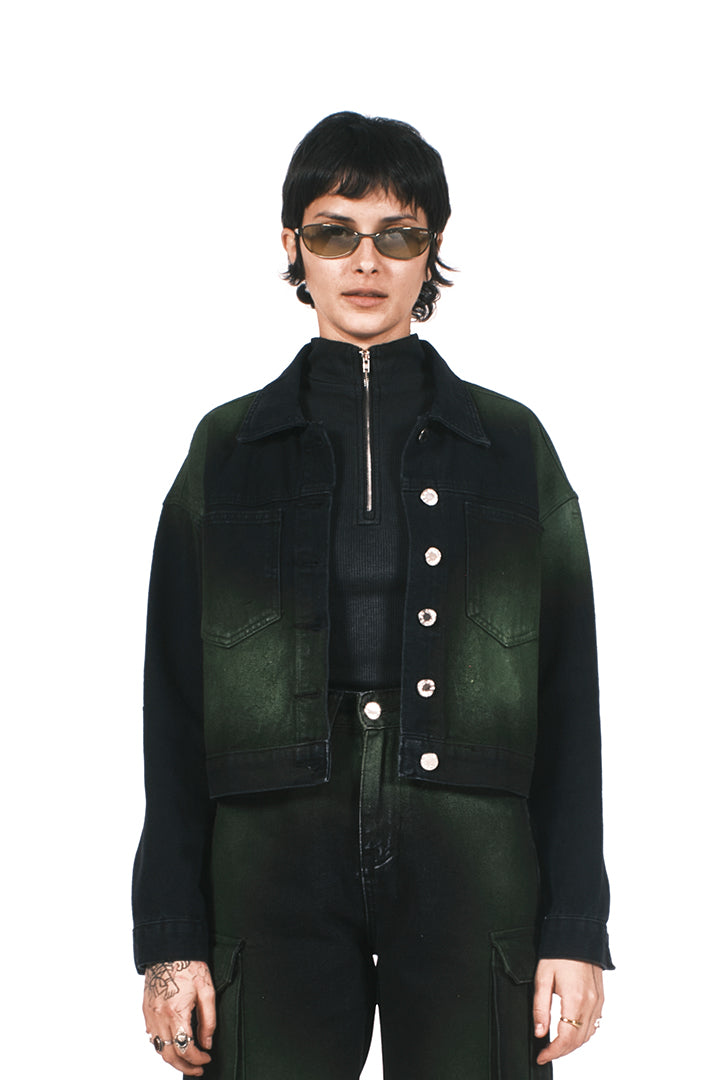 GREEN ACID SPRAY BLACK DENIM JACKET