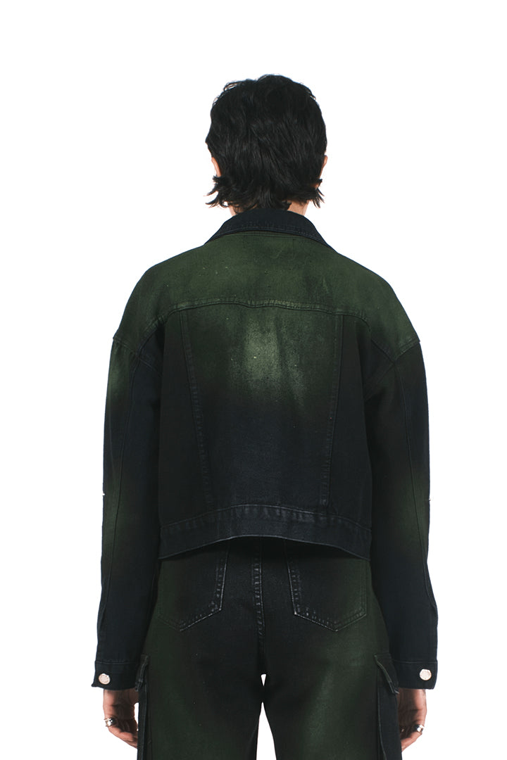 GREEN ACID SPRAY BLACK DENIM JACKET