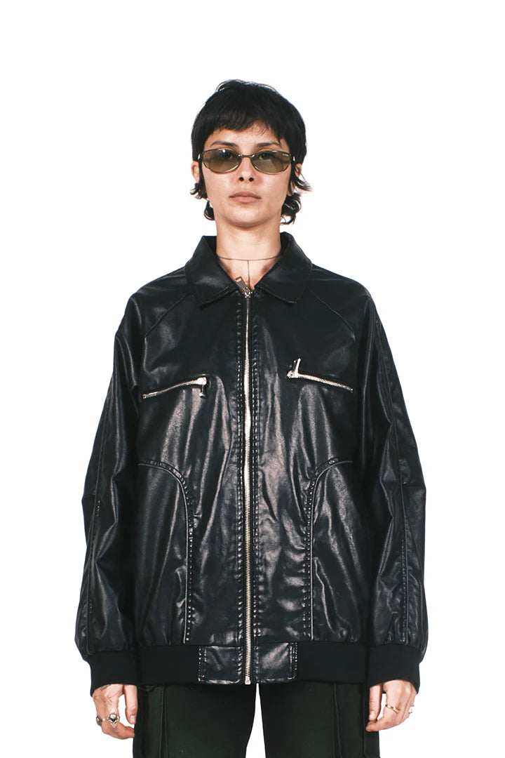 BLACK ECO LEATHER BOMBER JACKET