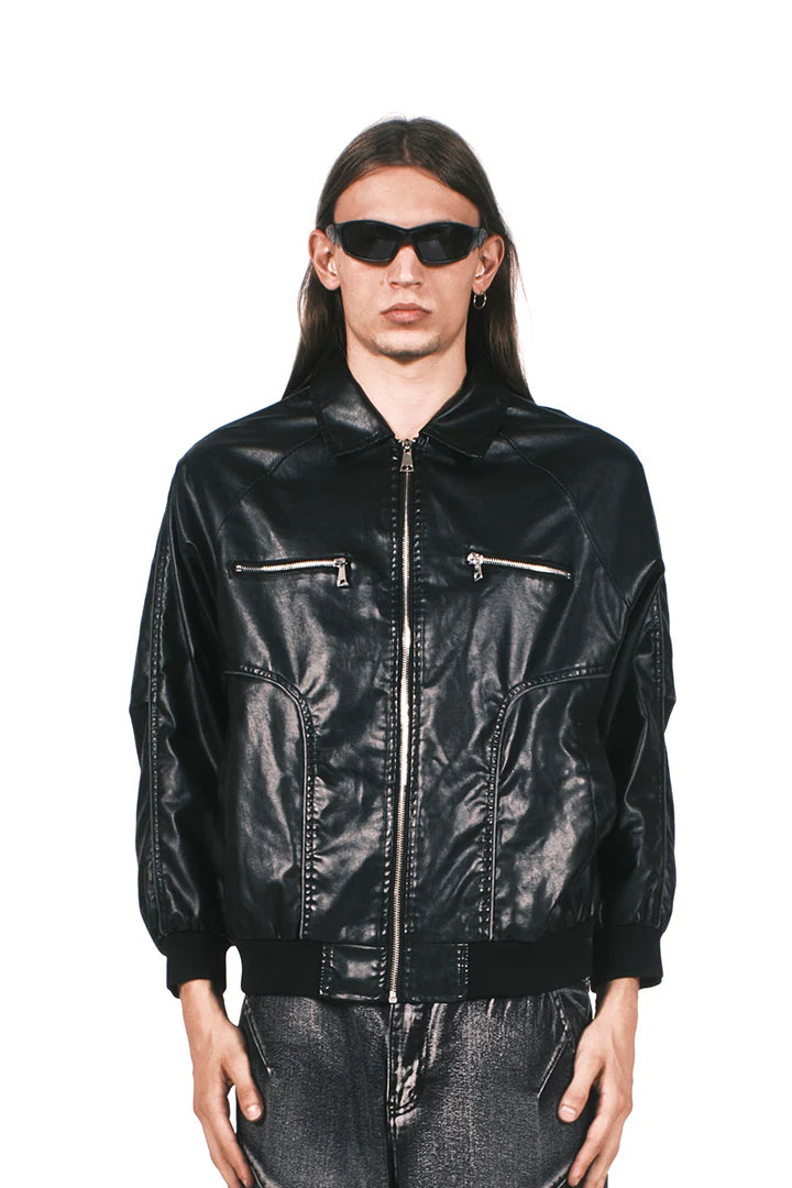 BLACK ECO LEATHER BOMBER JACKET