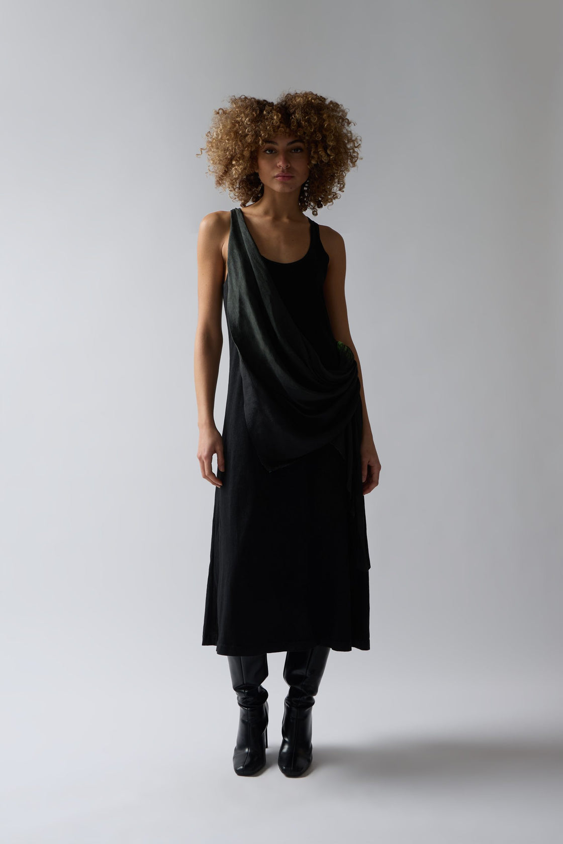 BLACK JERSEY DRESS WITH ACID GREEN DRAPE