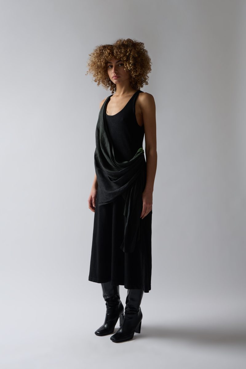 BLACK JERSEY DRESS WITH ACID GREEN DRAPE